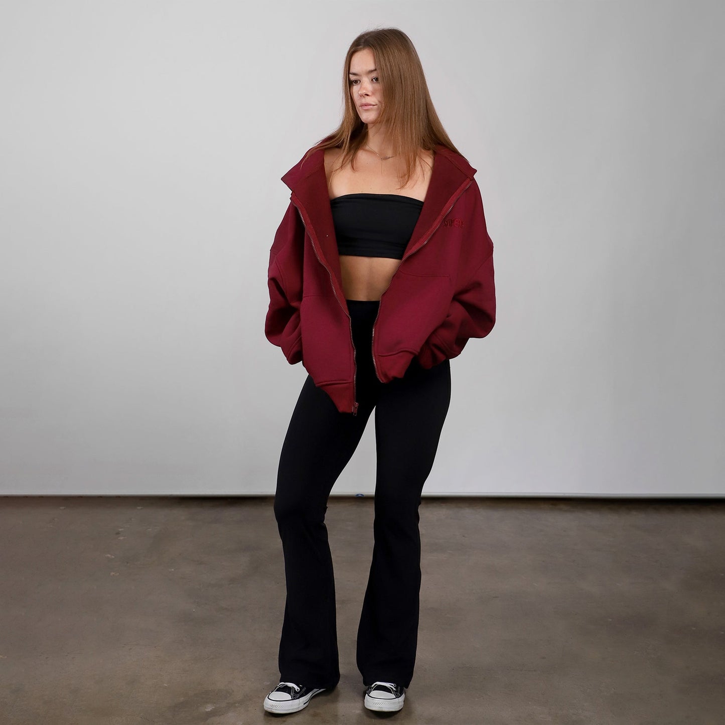 Drop Shoulder Zip Hoodie (Maroon)