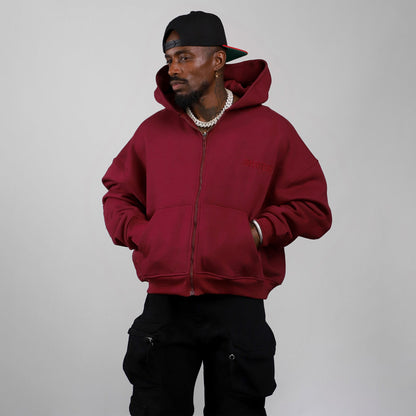 Drop Shoulder Zip Hoodie (Maroon)