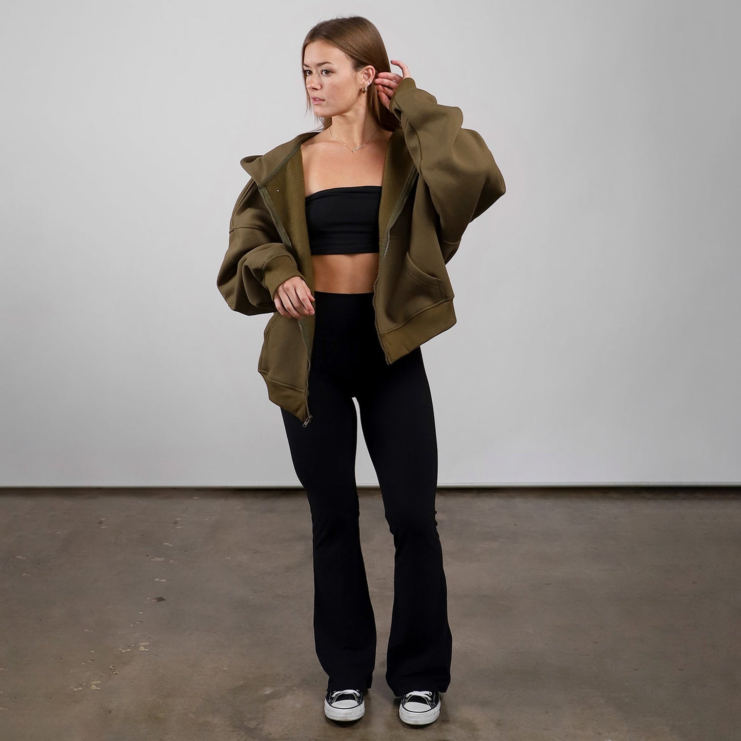 Drop Shoulder Zip Hoodie (Forest Green)