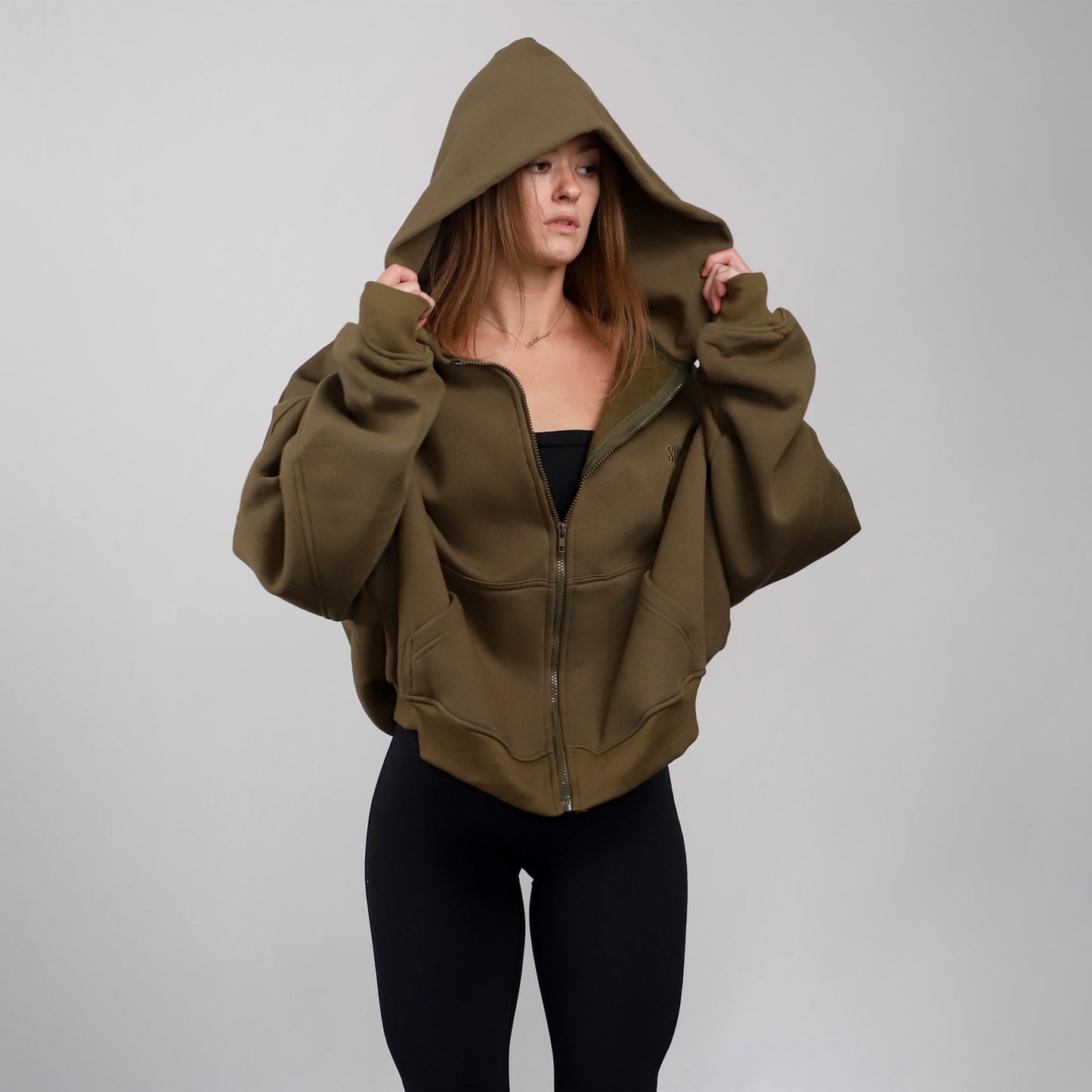 Drop Shoulder Zip Hoodie (Forest Green)