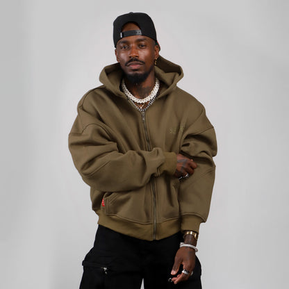 Drop Shoulder Zip Hoodie (Forest Green)